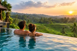 Couple enjoying infinity pool villa in Ubud, Bali