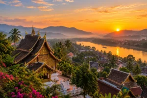 golden temple roofs at sunrise in Luang Prabang, Laos