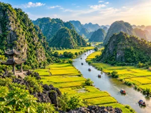 Limestone karsts and rice paddies on a Ninh Binh tour, Vietnam