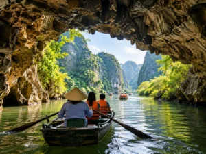 Rowboat passing through a cave on a Trang An boat tour near Ninh Binh